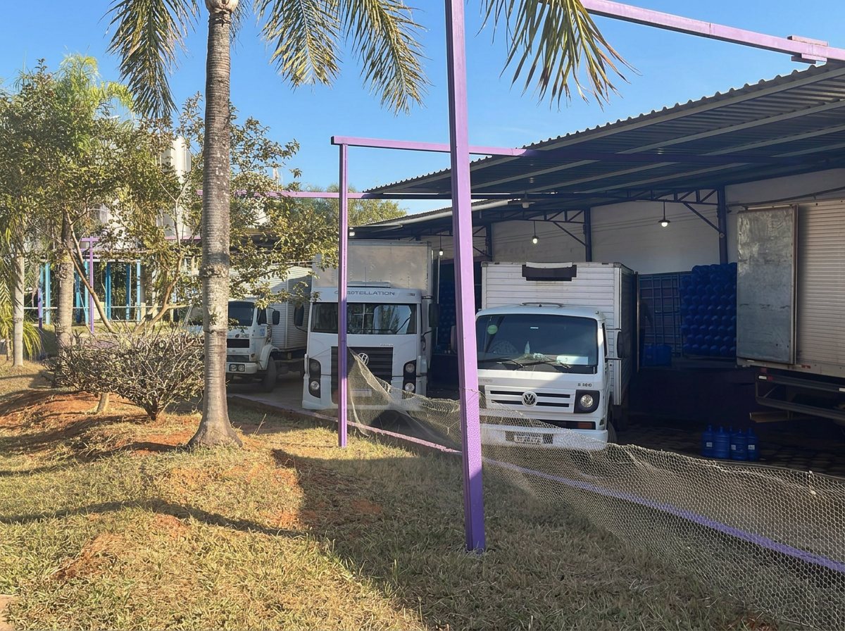 Centro de distribuição da Leben H2O com caminhões em carregamento